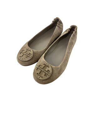 Tory Burch Minnie Travel Suede Ballet Flats Beige Logo Detail Women Size 9.5M